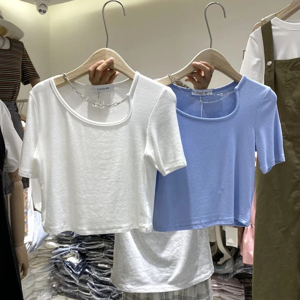 

Женская тонкая футболка с коротким рукавом, Повседневная однотонная тонкая футболка в Корейском стиле с цепочкой, лето 2021