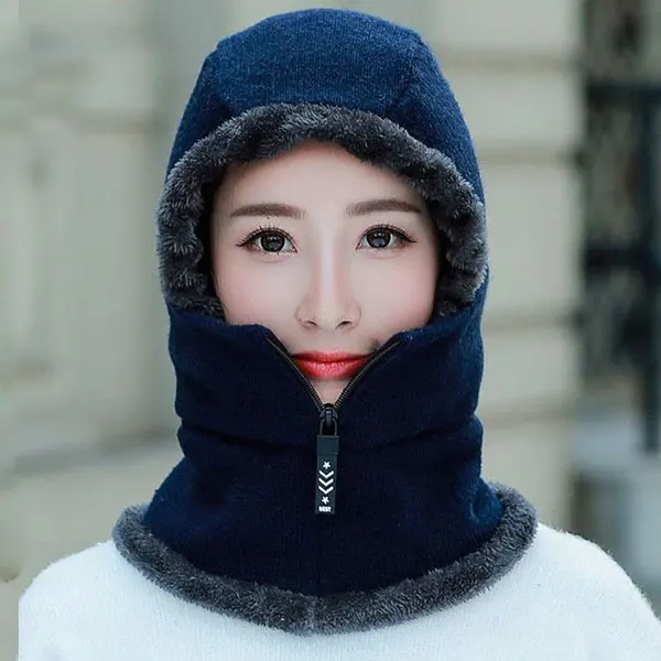 navy Skullies Beanies женская вязаная шапка шарф женские зимние шапки для женщин капот однотонная Балаклава маска Feminino Beanie Hat cap - Цвет: navy
