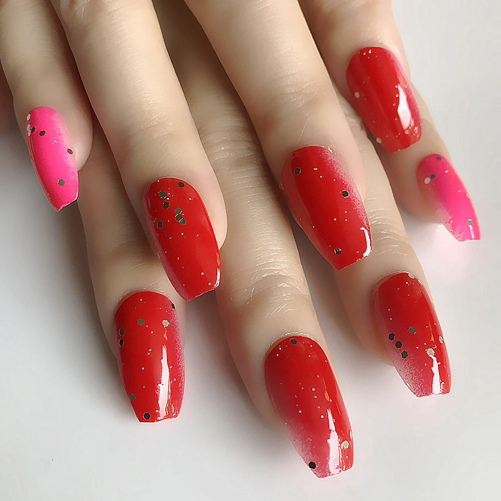 2019 Новый гроб блестки постепенные цвета поддельные ногти плоская голова красные