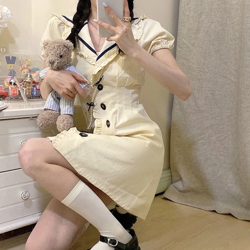 

Sweet Women Yellow Dress Cute Summer Navy Collar Puff Sleeve Dress Female Japanese College Style Kawaii Slim Ruffles Mini Dress