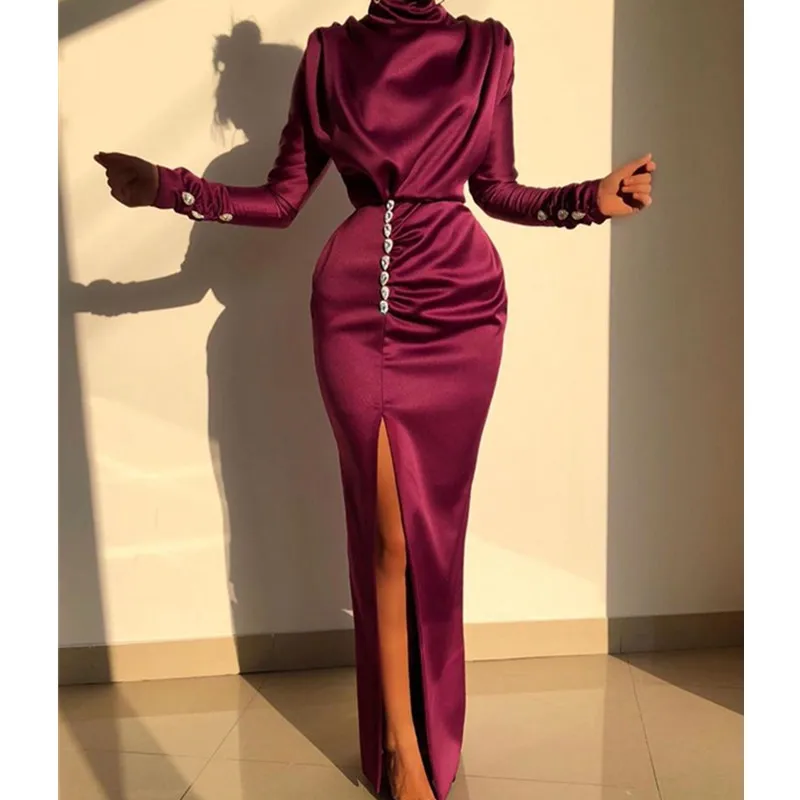 

Sexy Shiny CZ Rhinestone Design Splits Long Sleeve Maxi Dress Ruched Thigh Slit Long Dress Women Party Dresses