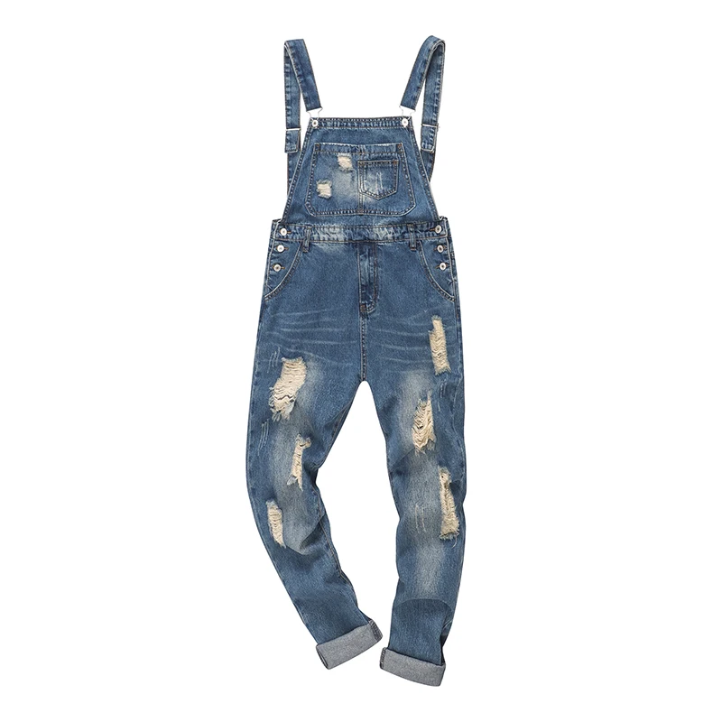 

Sokotoo Men's ankle length holes ripped denim bib overalls Distressed jeans Coveralls for youth