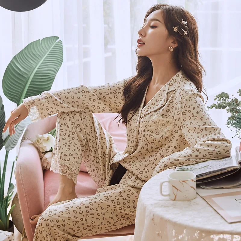 

Women Sexy Lace Leopard Pajama Set Print Fashion Long Sleeve Suit Pyjamas