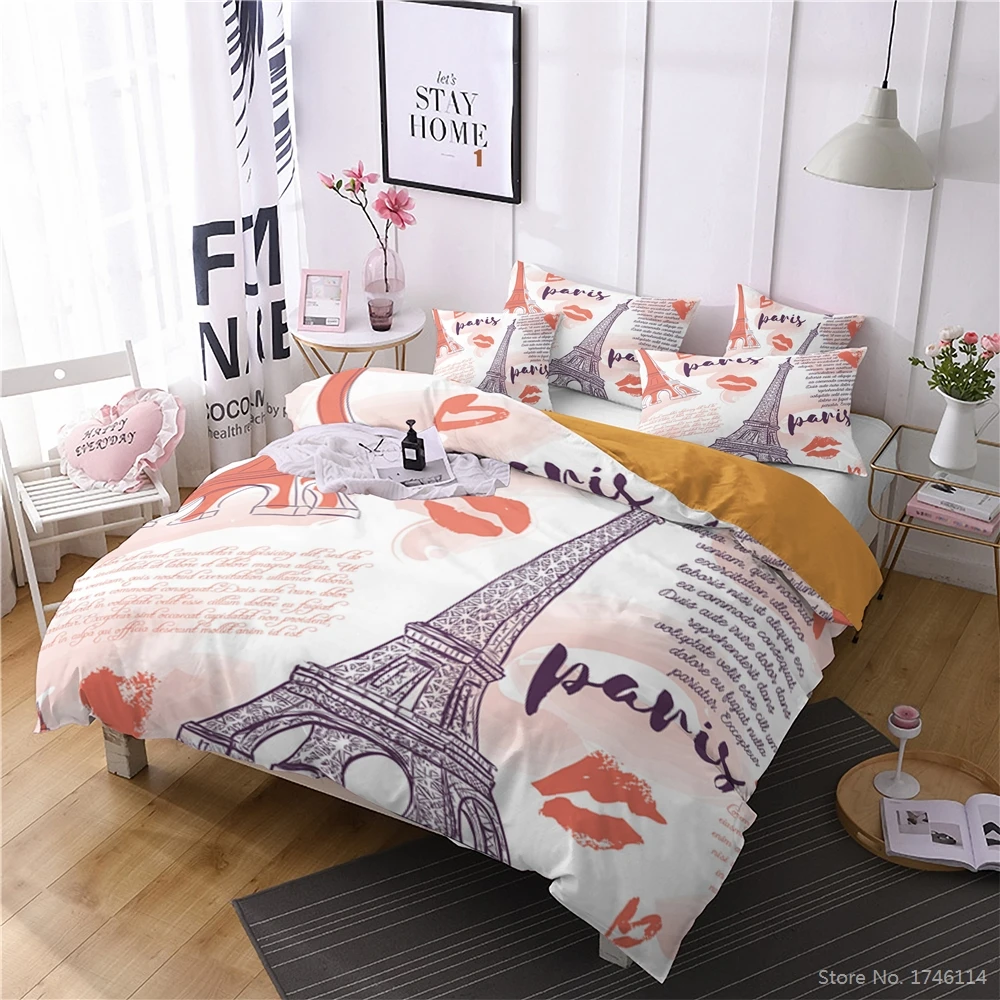 

Paris Eiffel Tower Bedding Set Twin Full Queen King Size Romantic Love Life Cartoon Printed Duvet Cover Set 2/3pcs Bedclothes