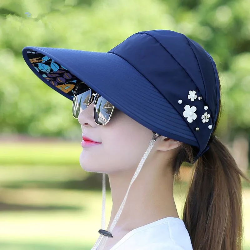 

Hot summer sun hat with pearl adjustable big heads wide-brimmed beach hat UV protection packable sun visor hat with sun hat