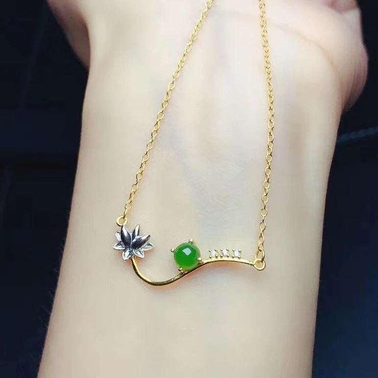 

flower style graceful green Jade necklace for women silver jewelry real 925 silver round natural jade girl birthday party gift