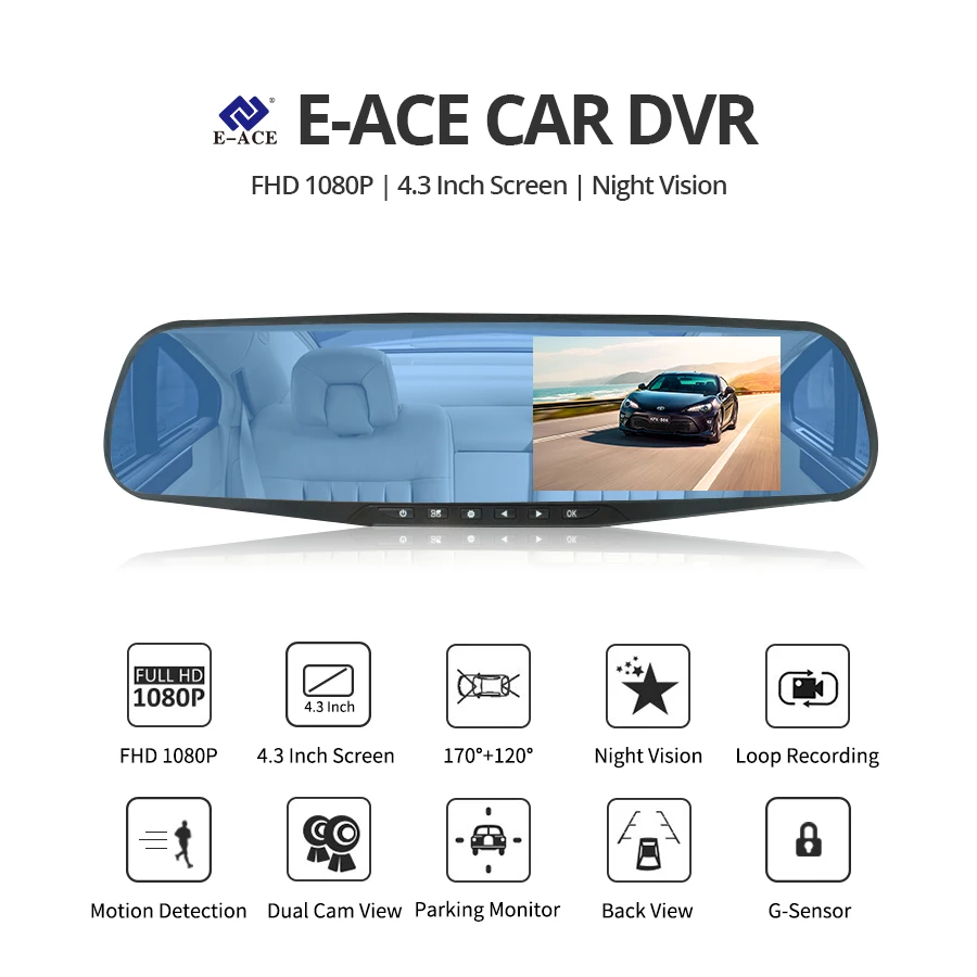 E-ACE, 4,3 дюймов, двойная, 1080 P, HD зеркальная камера, ночное видение, Автомобильный видеорегистратор, камера заднего вида, парковочная линия с камерой заднего вида, видеорегистратор