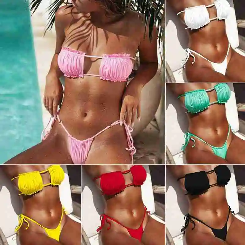 

2021 Sexy Bandeau Bikini Women Swimwear Female Swimsuit Two-pieces Bikini Set Strapless Bather Bathing Suit Swim Lady
