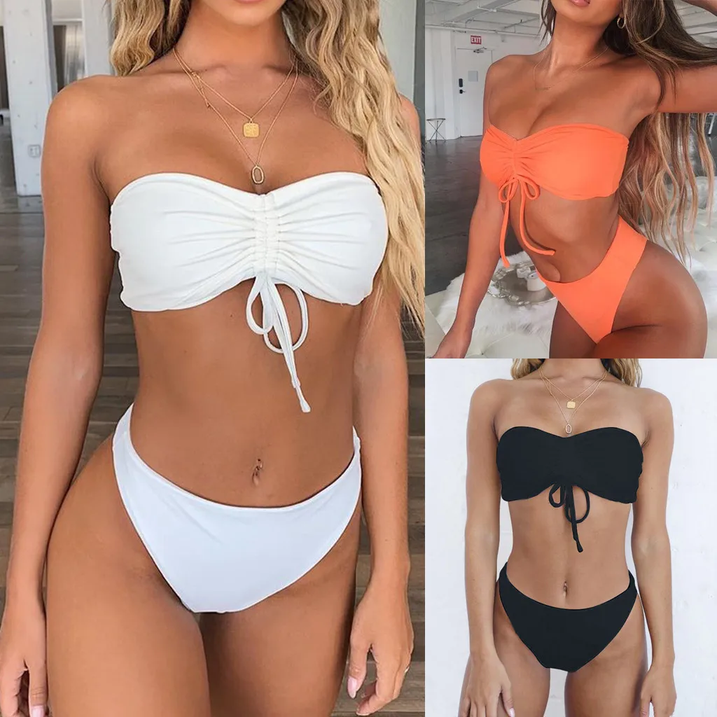 

Women Sexy Bandage Solid Bikini Set Push-Up Bar Biquini 2020 Brazilian Swimwear Beach Swimsuit Female Bathing Suit Wire Free D25