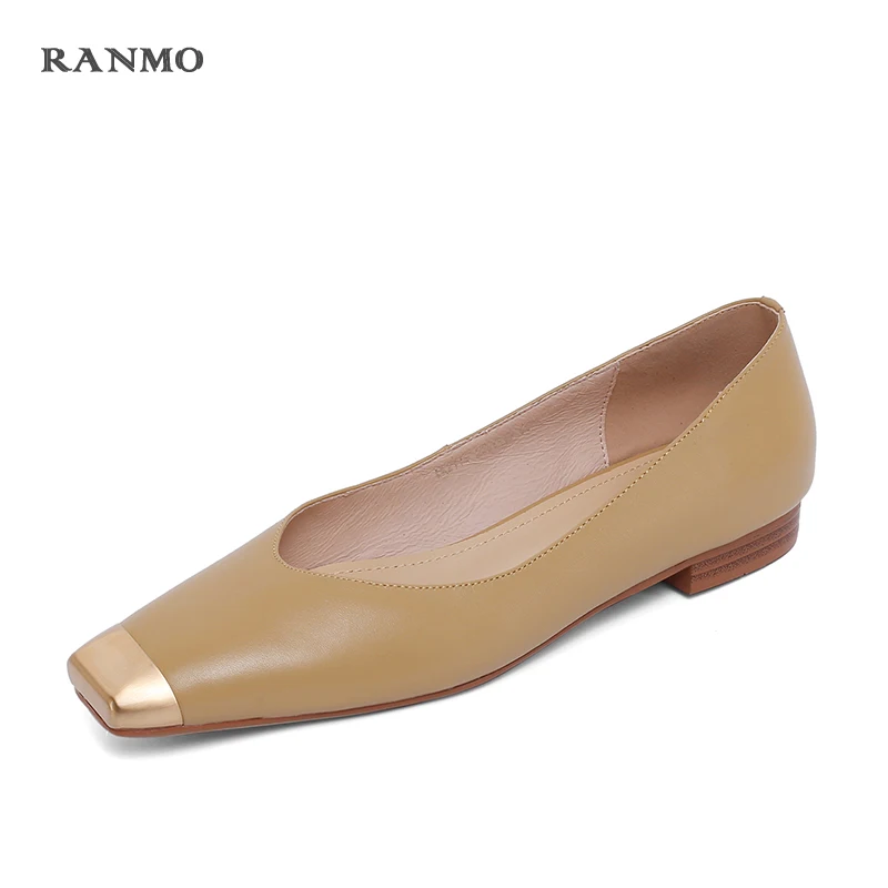 

2021 New Cowhide Women's Flat Shoes Simple Metal Square Toe Women's Shoes Comfortable Casual Shoes Low-heeled Shoes Office Shoes