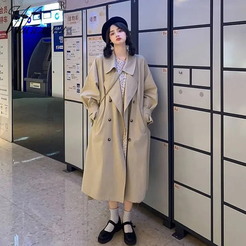 

Korean Style Women's Trench Coat Casual Loose Long Double Breasted Windbreaker 2021 Spring Autumn Vintage Khaki Belted Outwear