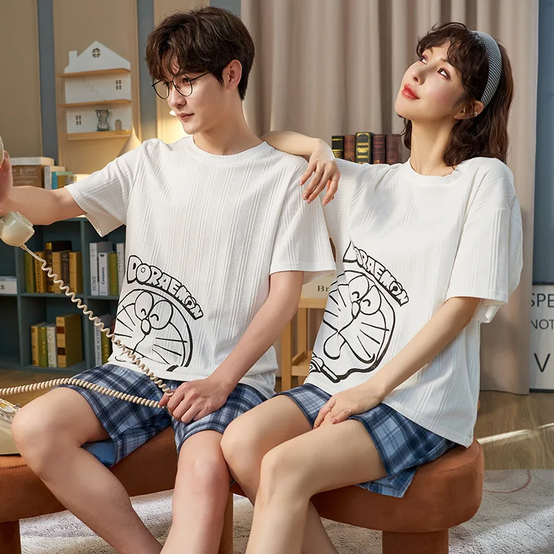 

Cute Cartoon Maiden Homewear Summer Pajamas Sets For Women/Men Fashion Blue Plaid Patchwork Short Sleeve Shorts Couple Sleepwear