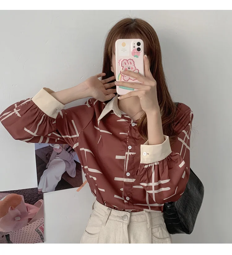 

Houthion Casual Shirt New Chiffon Long Sleeve Blouse Lapel Printing Summer Tops Thin Comfortable Fashion Blusas 2021