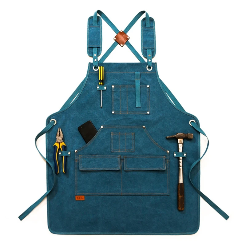 

E8BD Men Women Canvas Denim Work Apron Adjustable Cross Back Straps Chef Aprons with Multi Pockets for Kitchen Cooking BBQ Shop