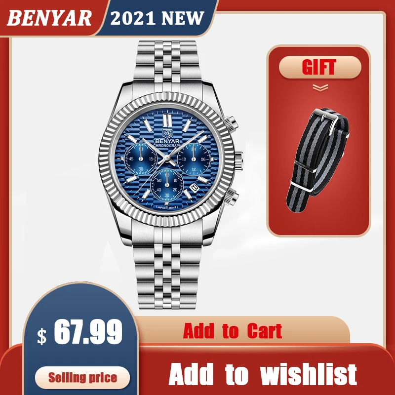 2021 New BENYAR Automatic Watch For Men Top Brand Quartz Mens Watches Chronograph Stainless Steel Waterproof Relogio Masculino