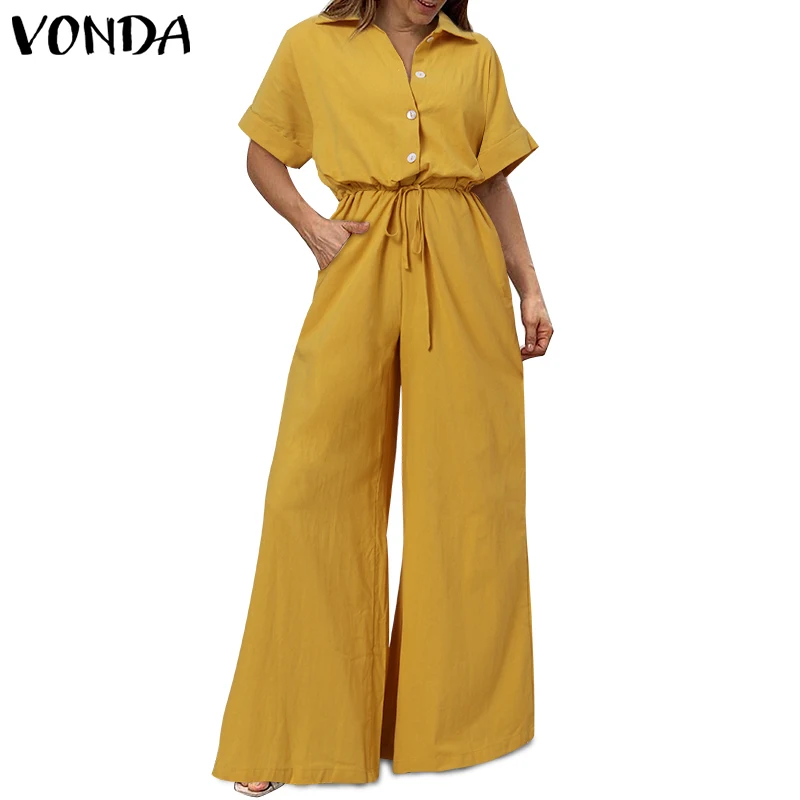 

Женские комбинезоны VONDA с коротким рукавом, с отворотом, на пуговицах, повседневные Комбинезоны с поясом и широкими штанинами, брюки-палаццо...