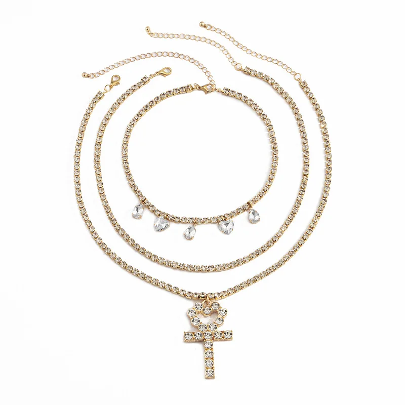 

TIMEONLY Fashion Bling Rhinestones Cross Key Pendant Necklace for Women Mujer Gold Color Chain Layered Crystal Chokers Necklace
