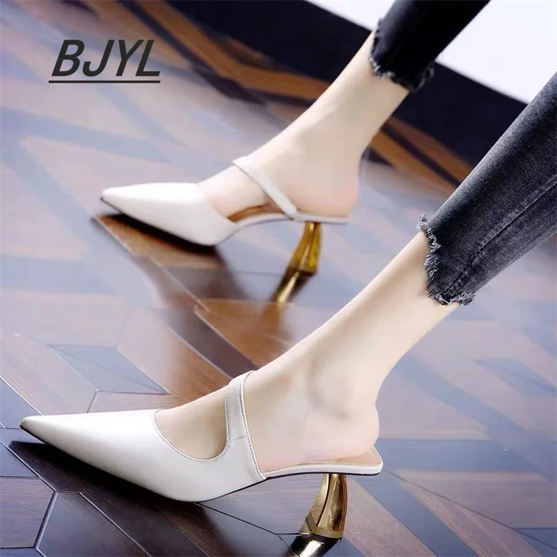 

2021 spring new mid-heel comfortable platform sandals and slippers female high-heeled shoes Baotou lazy pointed half support