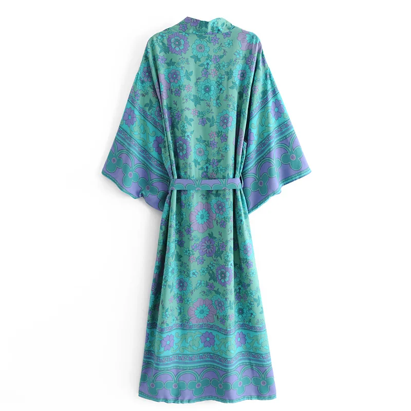 Женское винтажное платье-кимоно зеленое платье макси из искусственного шелка с