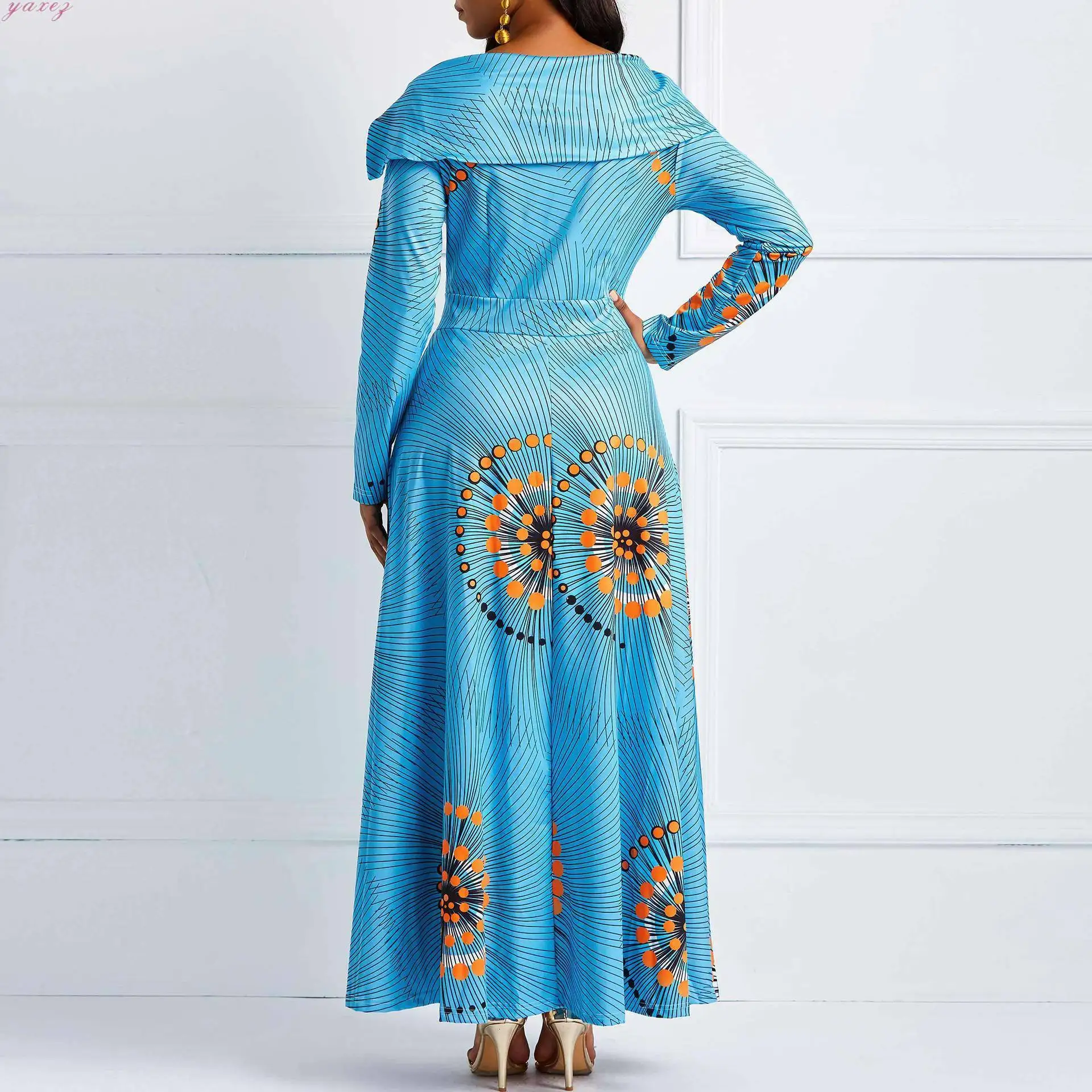 

2019 Autumn Elegent Fashion Style African Women Long Sleeve Printing Plus Size Long Dress M-XXL