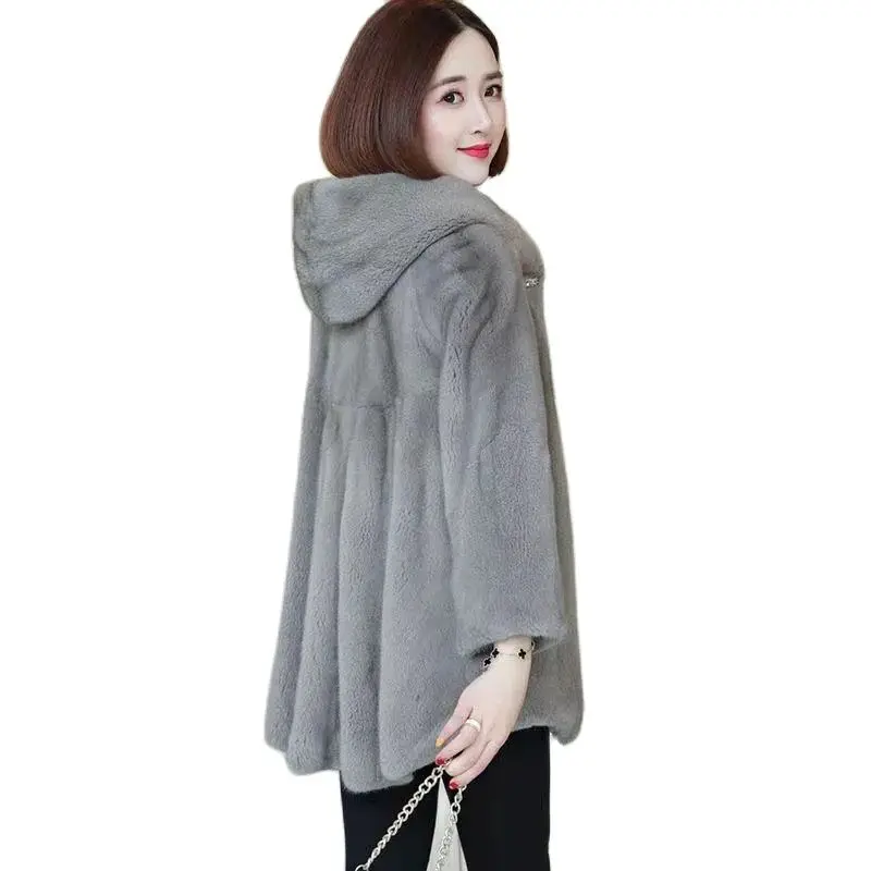 

2022Autumn Winter Female New Whole Mink Mid-length Hooded Imported Mink Fur Slim Coat Women Haining Imitation Mink Fur Coat A844