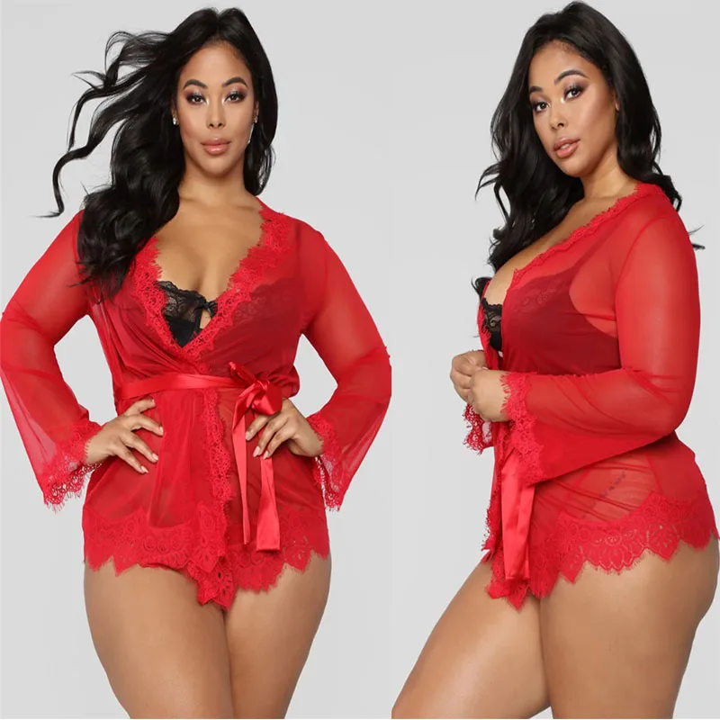 Сетчатая ночная рубашка размера плюс халат с стринги + пояс эротическое