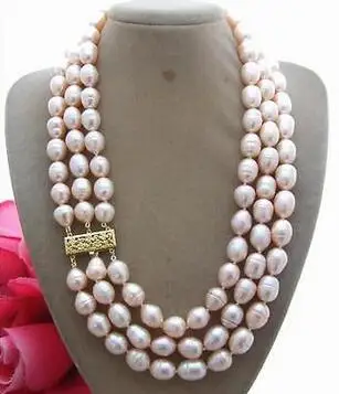 

free shipping 3 Rows 9-10mm natural Australian south sea gold pink pearl necklace 17"-19"14KGP