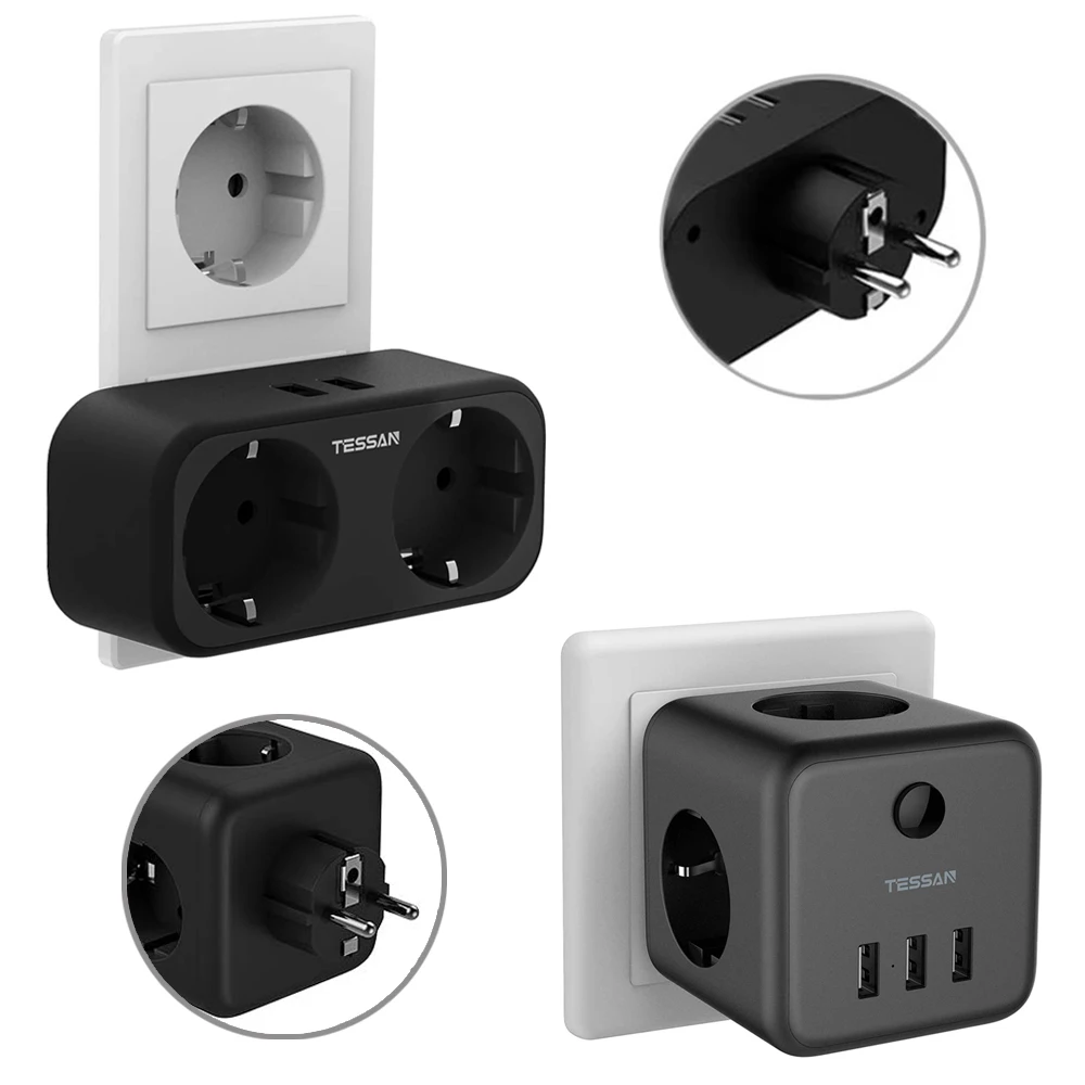 Сетевой удлинитель TESSAN черная розетка в европейском стиле с 3 сетевыми выходами