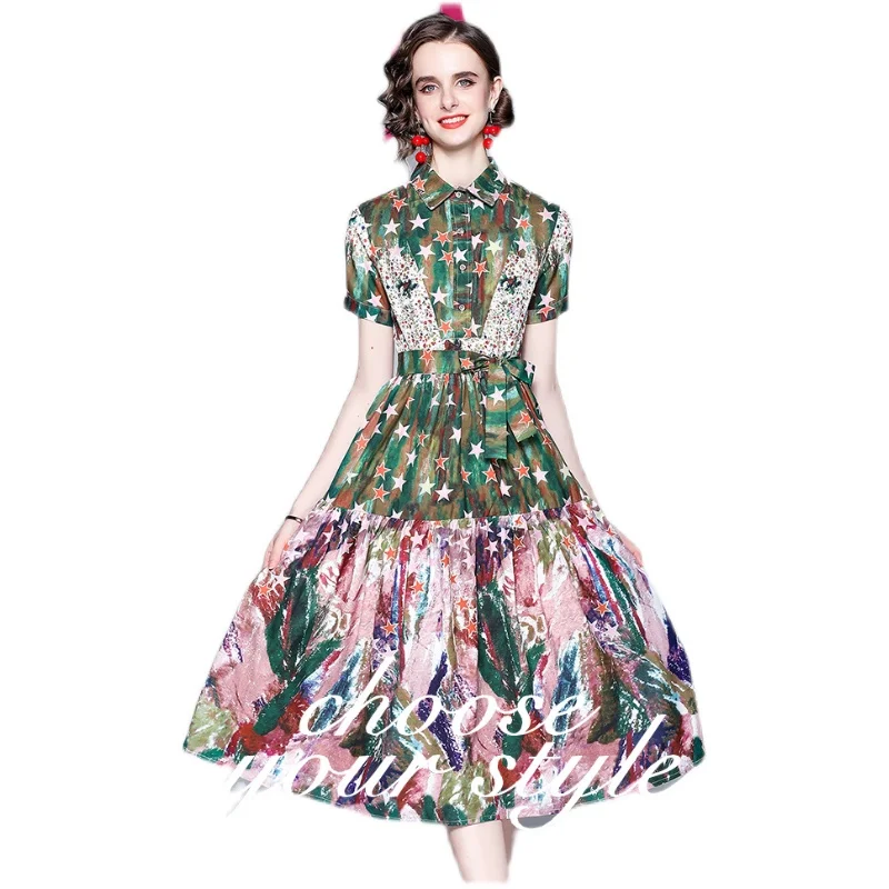 

Temperament Printing Stitching Long Dress Design High Waist Slim Short Sleeve Lapel Single Breasted Belt Womens Clothing