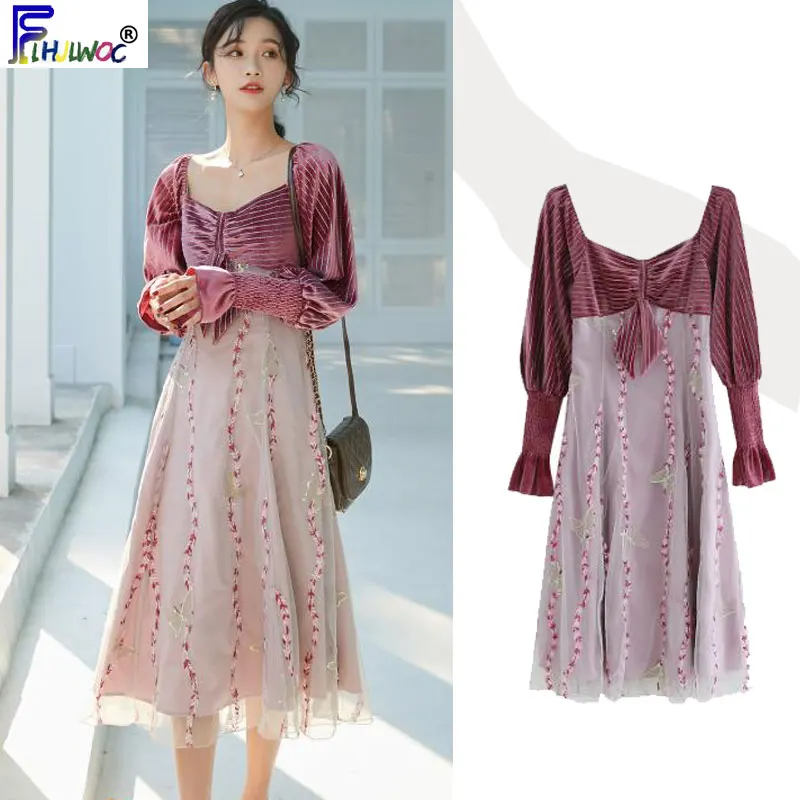 

Beautiful Dresses Women Cute butterfly Holiday Christmas Gifs Date Party Wear Patchwork Bow Tie Dress Purple Faux Two Piece 1003