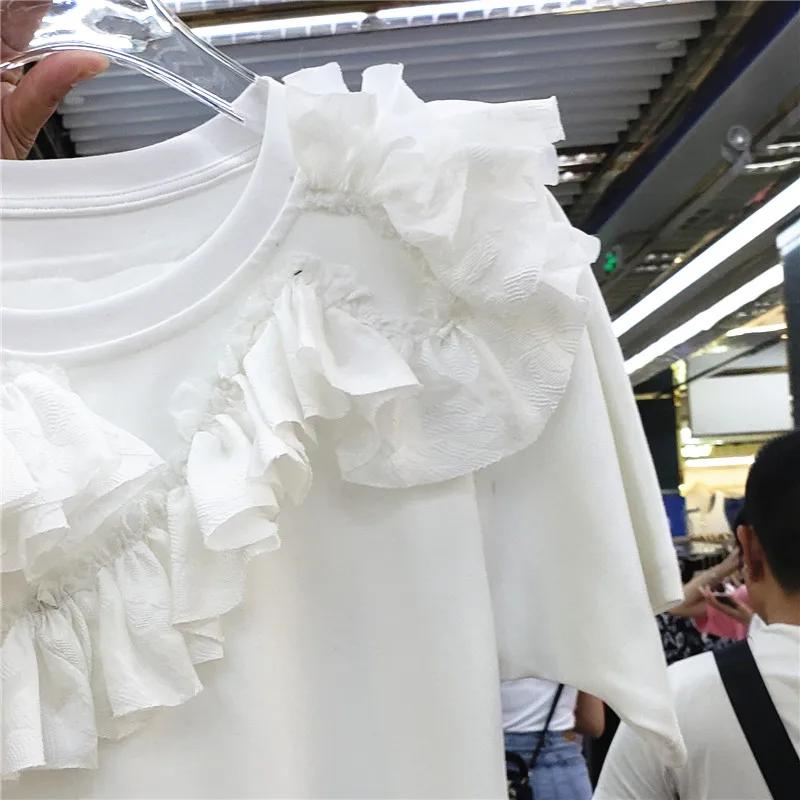 

Tshirt Woman 2021 Summer Korean Style Loose Crew Neck Top Fashion Ruffled Stitching Solid Color Casual Short Sleeve T-shirts