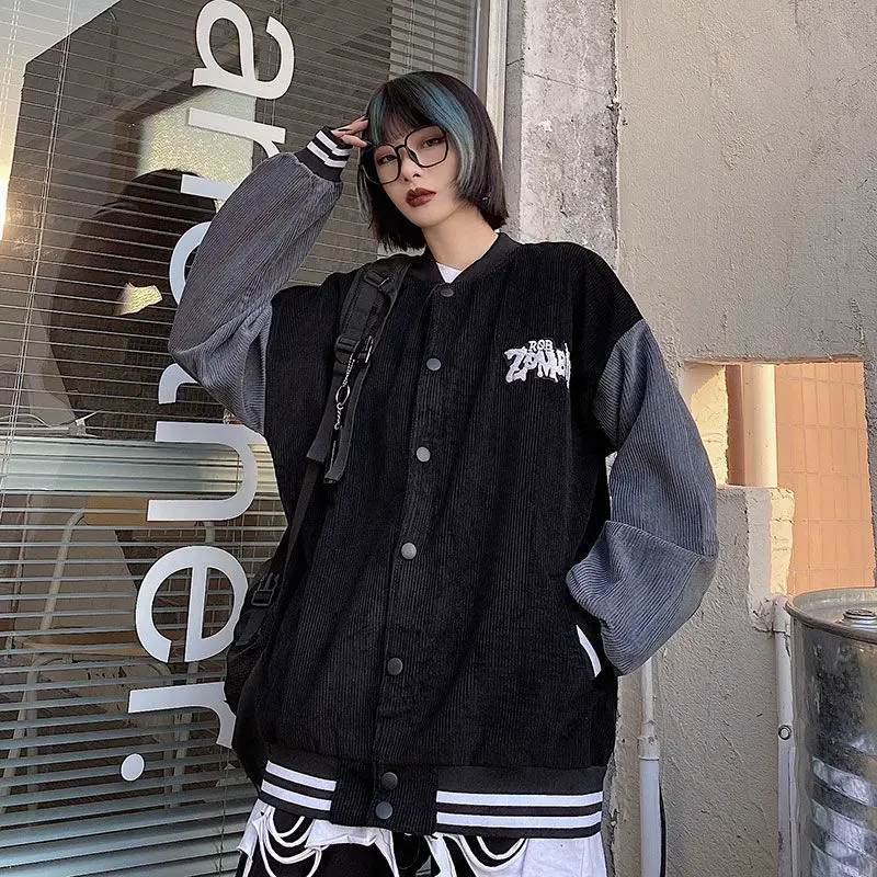 

2021 Girls Retro Splicing Casual Coat Bomber Jacket Women Baseball Uniform Clothes Female Ladies Streetwear Loose Harajuku Coat