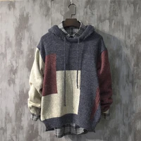 japanese fashion hooded knitted sweater mens spring and autumn loose harajuku sweater color block pullover korean clothes
