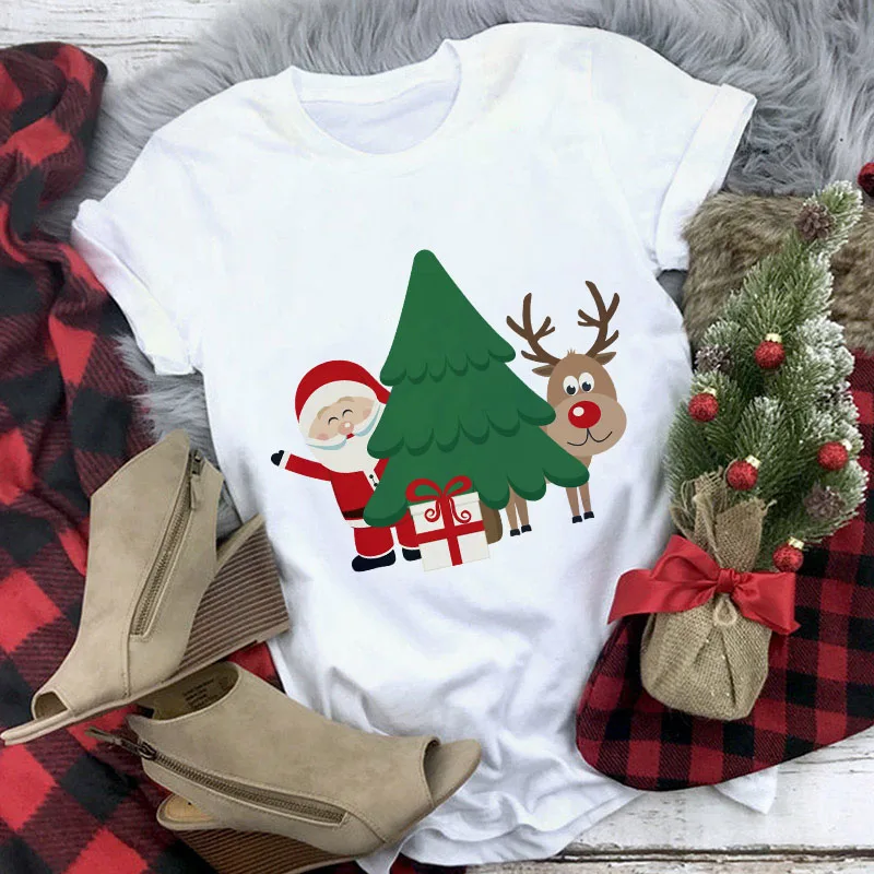

Cute Christmas Graphic Print Ladies Round Neck Top Soft Modal Short Sleeve Female T-shirt Women Loose White Clothes