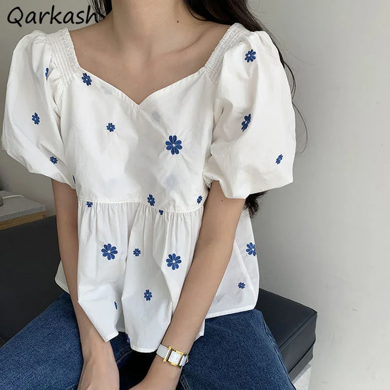 

Blouses Women Lovely Floral Pattern Chic Loose Cozy Leisure Embroidery Crops Female Puff Sleeve Hot Summer Korean Popular Tops