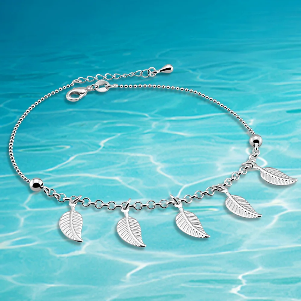 Цепочка для ног! Браслеты на ногу женщин из серебра 925 пробы с листьями и