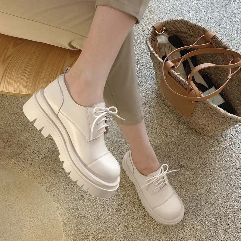 

Platform Oxford Shoes For Women Spring New Fashion 2021 Split Leather Lace Up Casual Block Heels Lady Flat Platform Pumps Woman