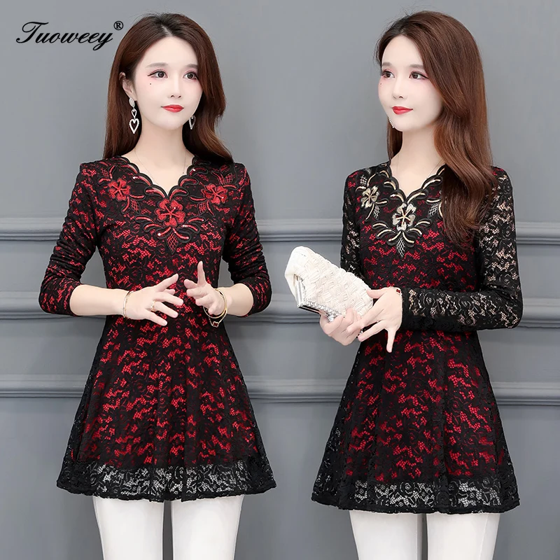 

2020 Autumn spring Floral lace slim Blouse Women elegant Long Sleeve Blouses Casual lace Shirt ladies Plus Size 5XL printed Tops