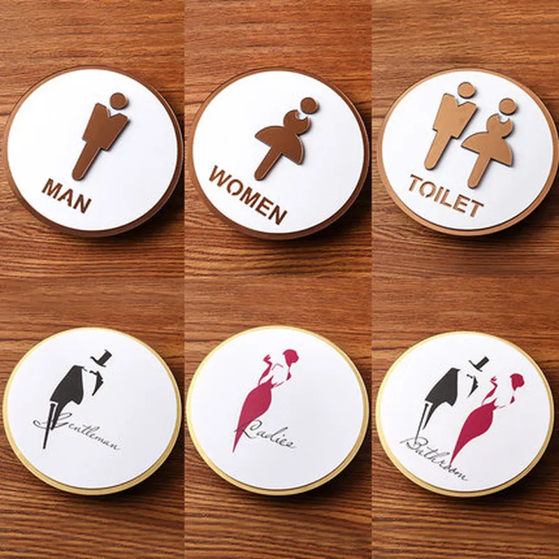 

Acrylic WC Public Toilet Sign House Warm Tips Door Sticker Wall Self-adhesive Indication Plaque Home Round Men Women Sign Custom