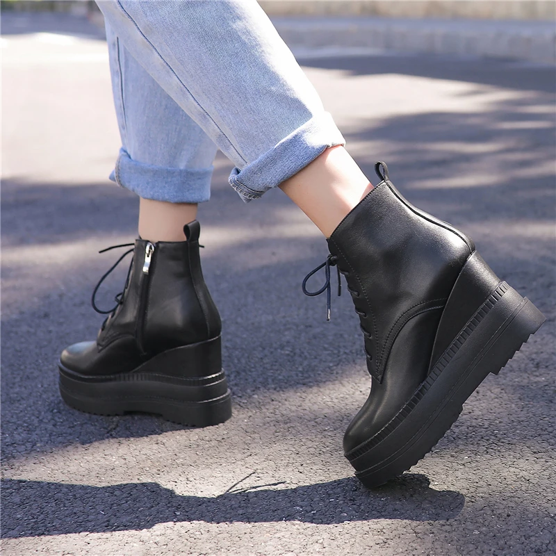 

VERCONAS Genuine Leather Women Ankle Boots Autumn Winter Wedges Heels Shoes Woman Cross-Tied Side Zipper Casual Platforms Boots