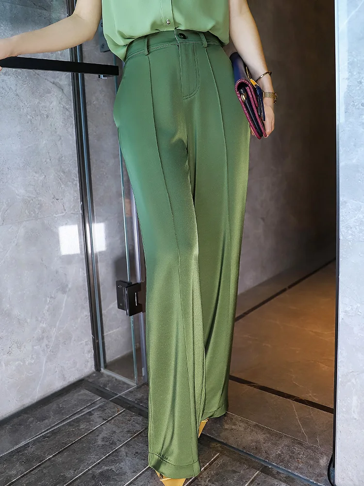 

Western fashion green summer thin wide-leg pants women's milk silk high waist vertical slimming leg long mop pants