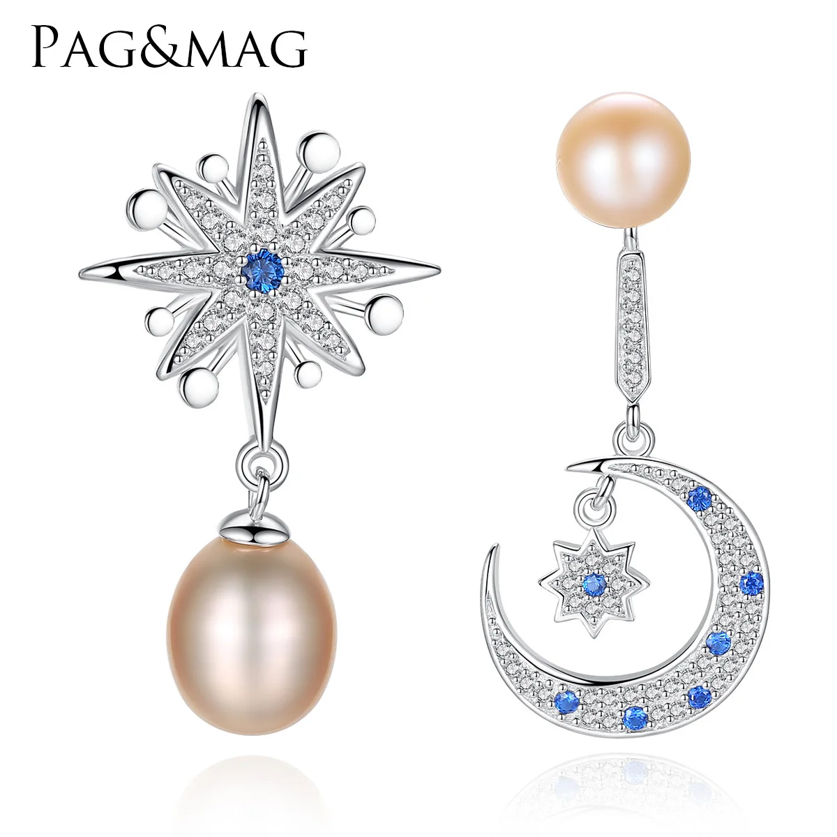 

PAG&MAG S925 Sterling Silver Earrings Anti-allergy Fashion Korean Asymmetric Natural Freshwater Pearl Earrings