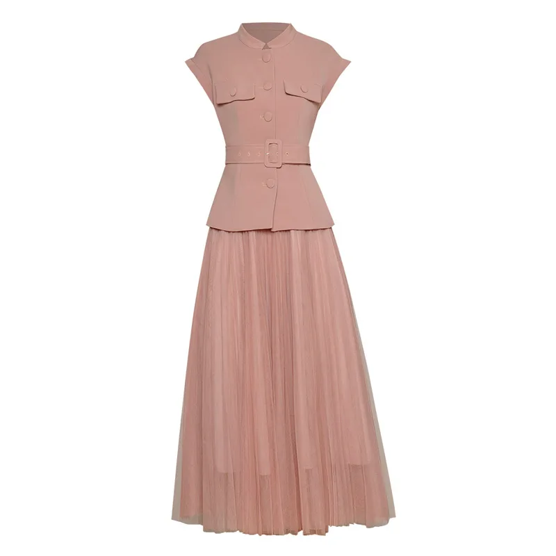 

Pink/Yellow Two Piece Set Mandarin Collar Single Breasted Button Flap Pockets Top + Elastic Waist Long Maxi Mesh Skirt