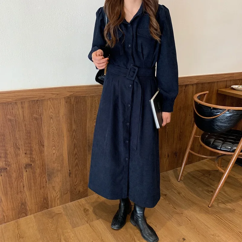 

Zoki Elegant Women Corduroy Dress Vintage Long Sleeve Belt Single Breasted A Line Long Dress Party Korean Loose Female Vestidos