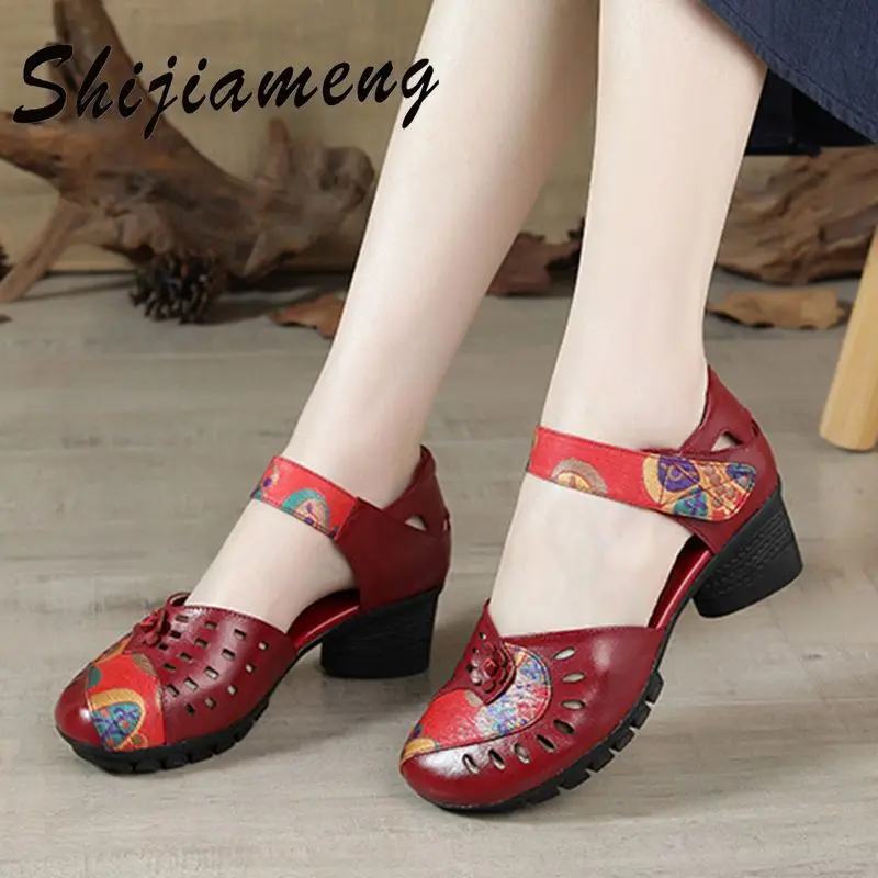 

Summer casual fashion women's shoes national style leather print fish mouth women sandals hollow out air breathing dancing shoes