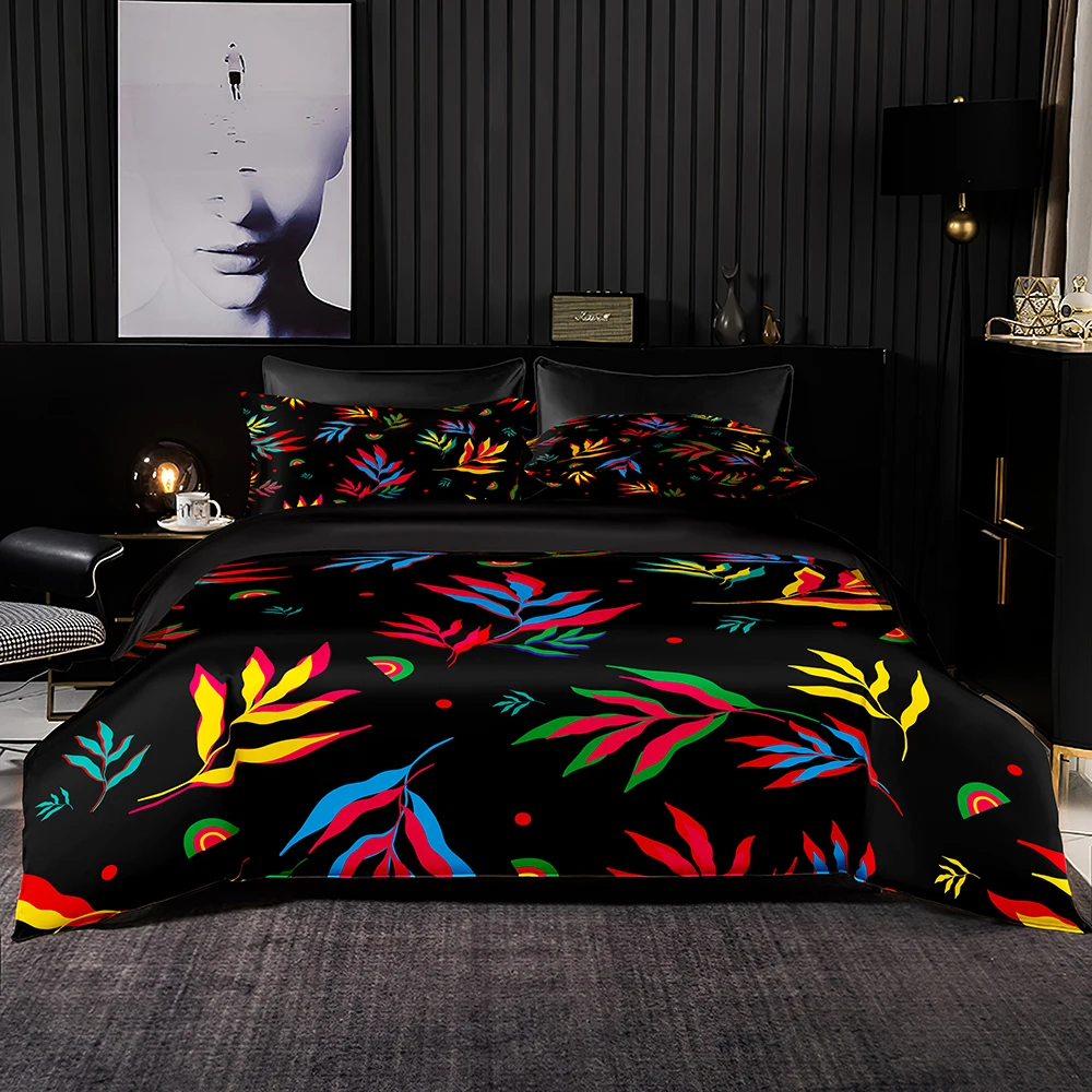 

Tropical Leaves Duvet Cover Luxury Black Bedding Set with Pillowcase,3D Printing Super King Bed Set