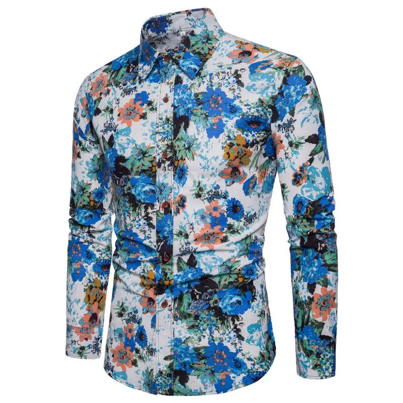2021 NEW Men Long-Sleeved Shirt Fashion Flower Printed Shirt Hawaii Leisure Vacation Men's Club Clothing 22 Color 4XL 5XL