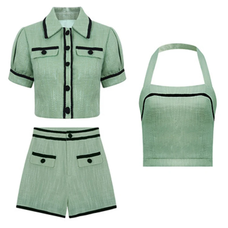 

Женский винтажный костюм с коротким рукавом, пиджак, майка с бретелькой через шею, шорты и юбка, лето