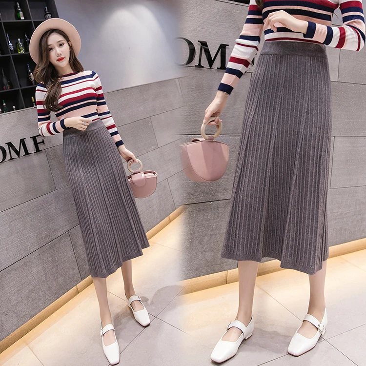 

2021 Solid Simple All-match High Waist Long Skirt Womens Knitting Elegant Ladies Sweet Skirts Women Winter Moda Mujer Skirt