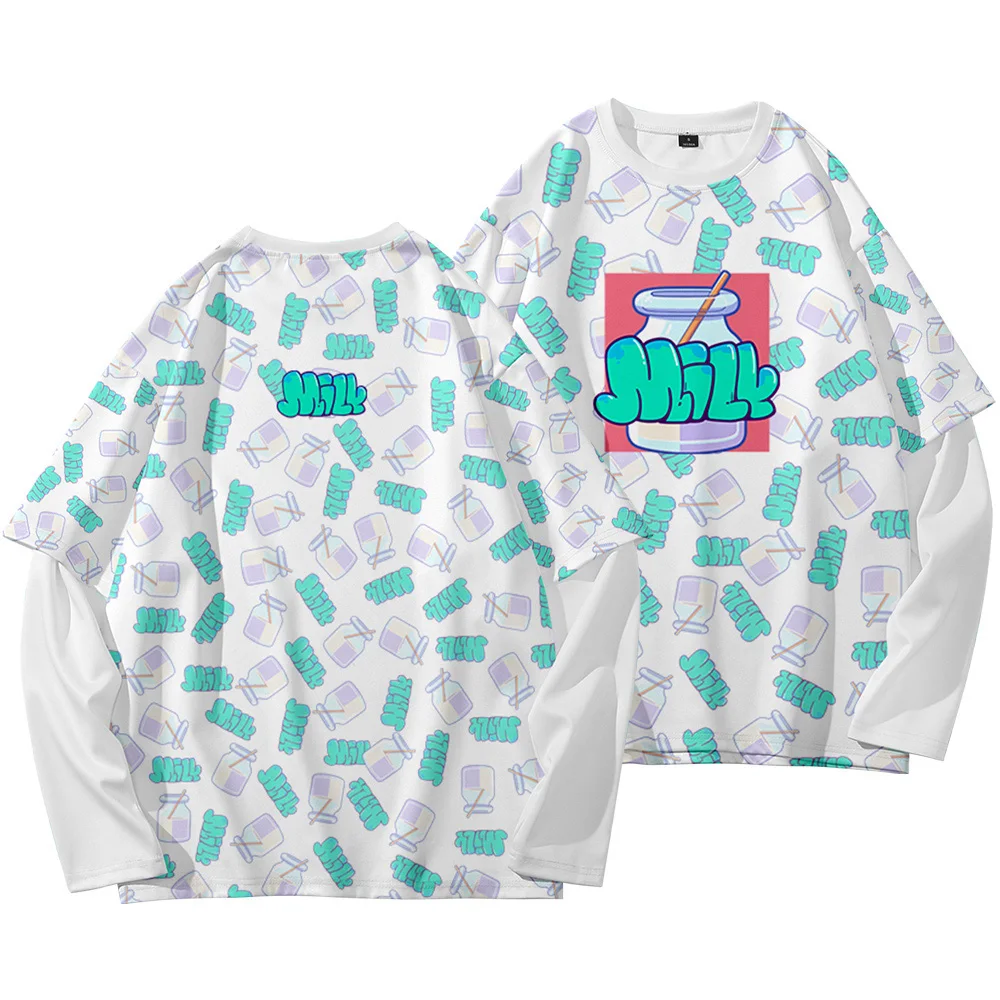 

Harajuku Fake Two Pieces T shirt Streetwear Original comics Print Men Long Sleeve Women Tops Casual Loose Tshirt oversized